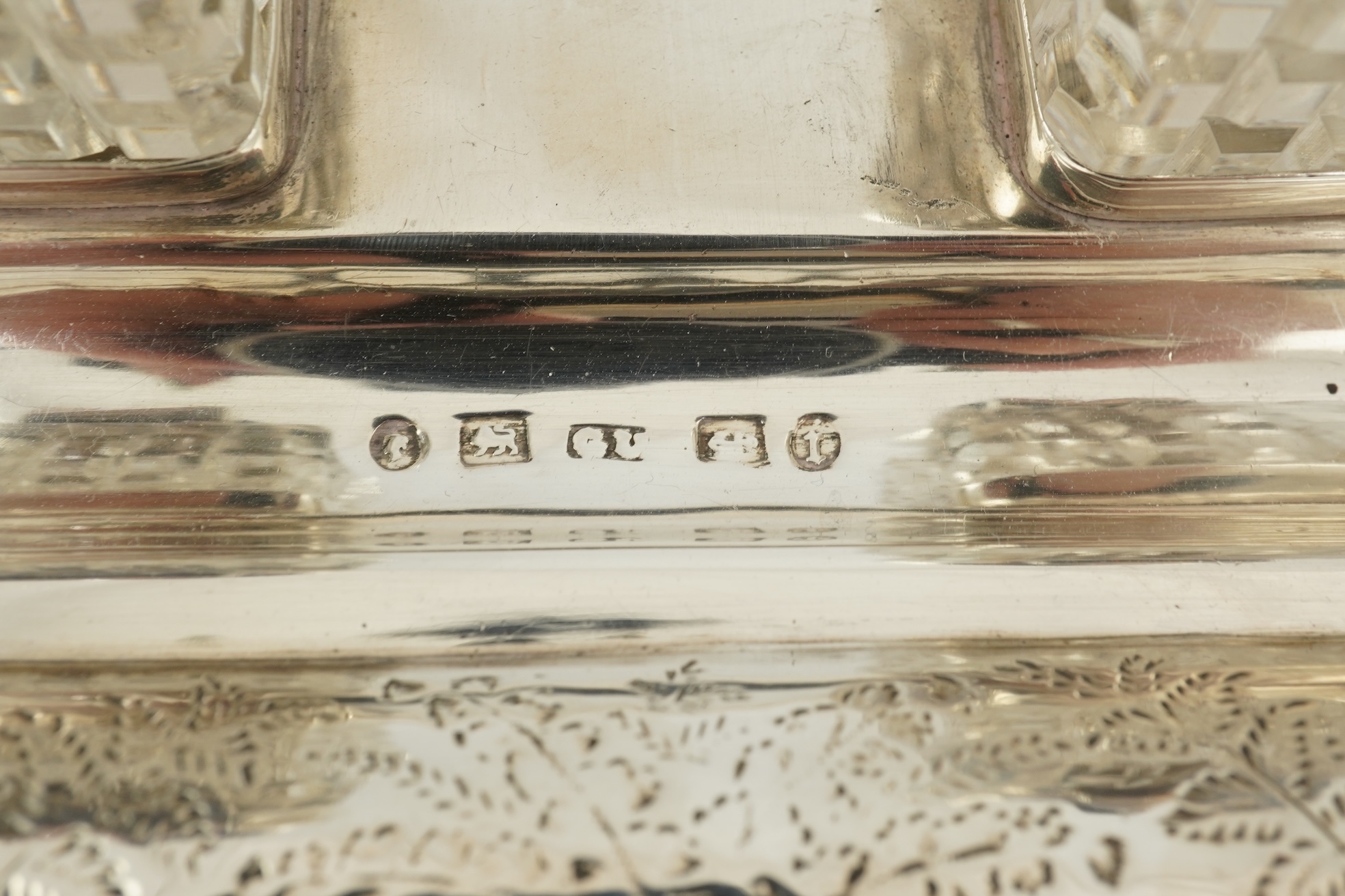 A late Victorian silver two handled rectangular inkstand by George Unite